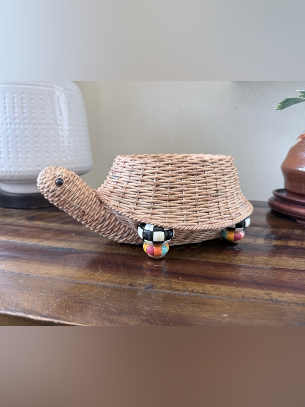 Rare MacKenzie-Childs Turtle Planter Resin Rattan Checkered Bowl Vessel Dish